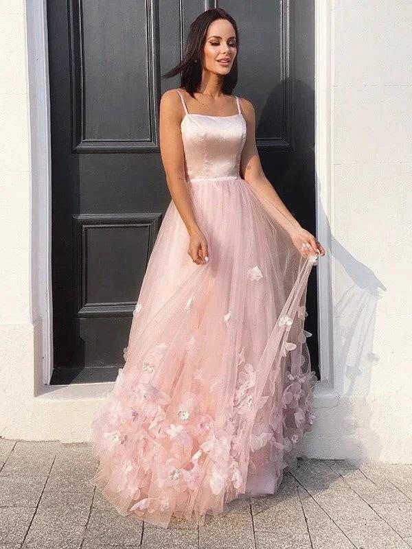 A-Line/Elegant Tulle Hand-Made Flower Straps Floor-Length Sleeveless Prom Dresses - Image 6