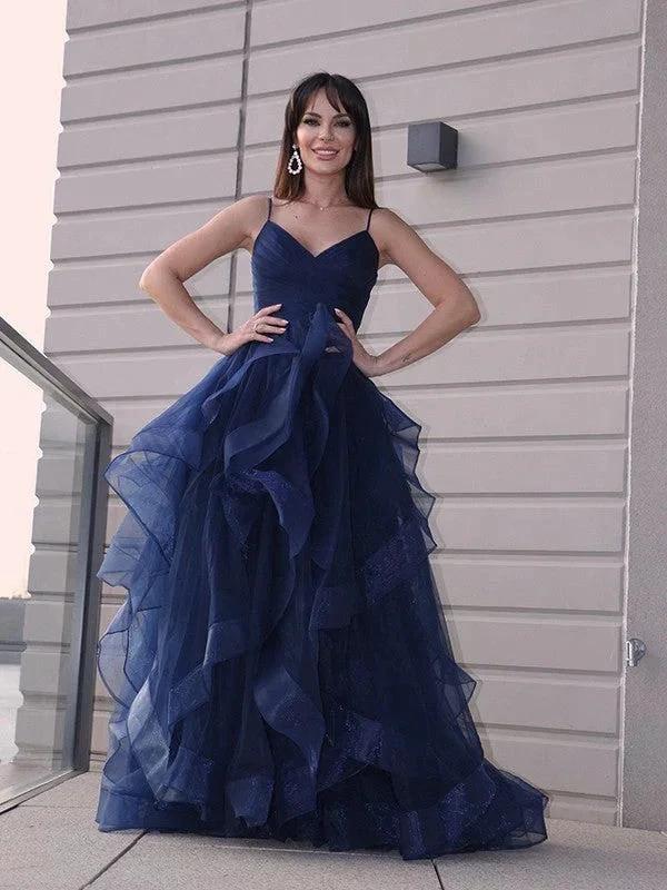 A-Line/Elegant Tulle Layers V-neck Sleeveless Floor-Length Prom Dresses - Image 2