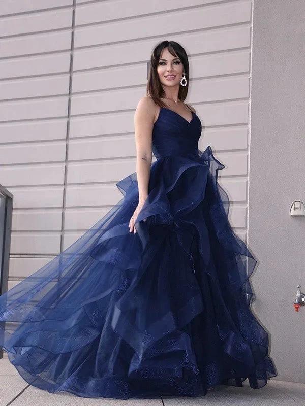 A-Line/Elegant Tulle Layers V-neck Sleeveless Floor-Length Prom Dresses - Image 4