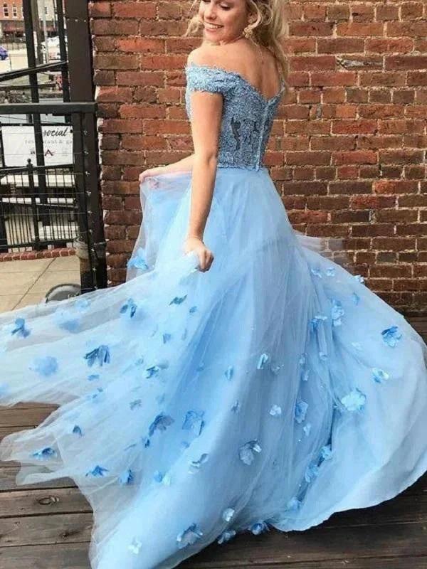 A-Line/Elegant Tulle Off-the-Shoulder Applique Sleeveless Floor-Length Prom Dresses - Image 2