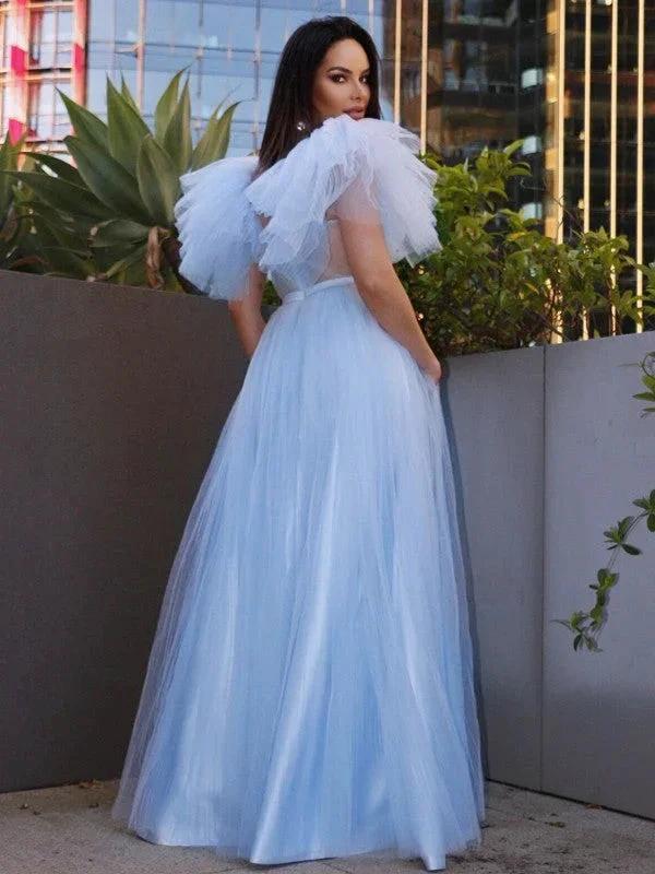 A-Line/Elegant Tulle Ruffles Square Short Sleeves Floor-Length Prom Dresses - Image 3