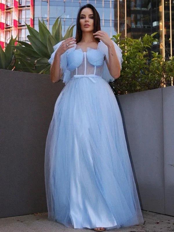 A-Line/Elegant Tulle Ruffles Square Short Sleeves Floor-Length Prom Dresses - Image 4