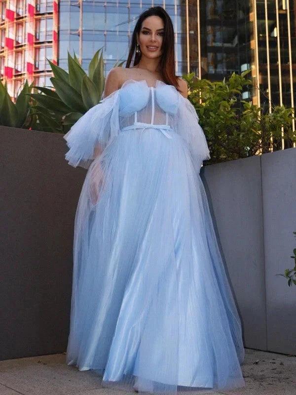 A-Line/Elegant Tulle Ruffles Square Short Sleeves Floor-Length Prom Dresses - Image 6
