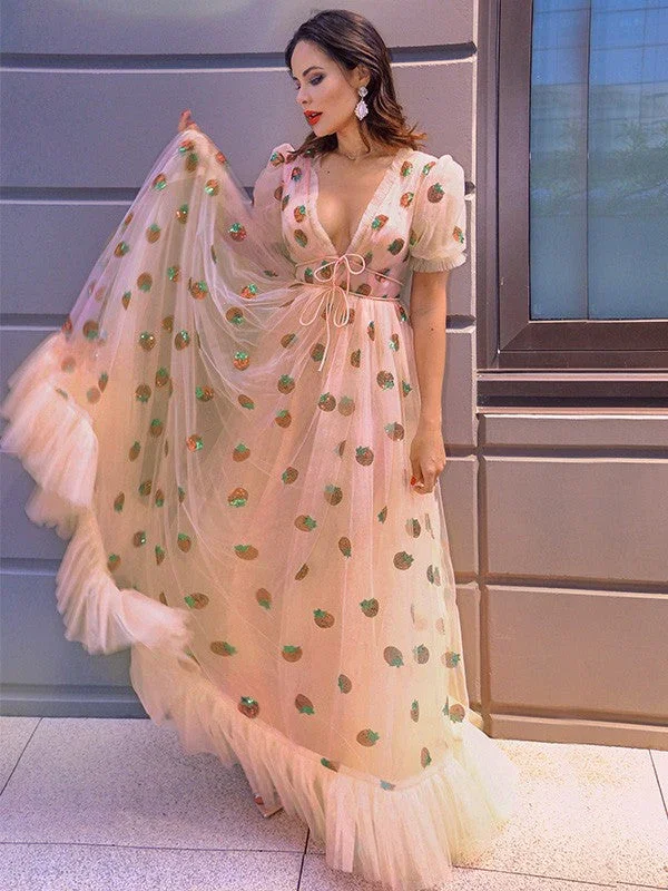 A-Line/Elegant Tulle Ruffles V-neck Short Sleeves Floor-Length Prom Dresses - Image 2