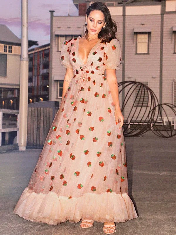 A-Line/Elegant Tulle Ruffles V-neck Short Sleeves Floor-Length Prom Dresses - Image 3
