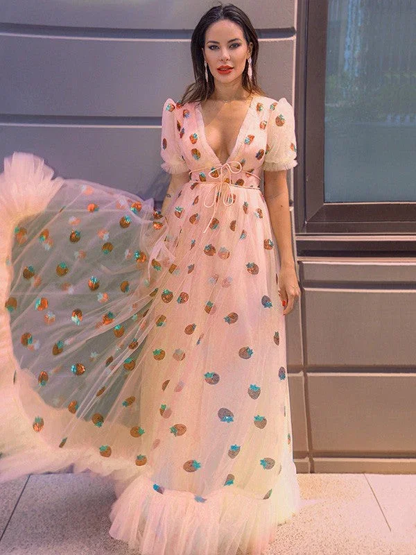 A-Line/Elegant Tulle Ruffles V-neck Short Sleeves Floor-Length Prom Dresses - Image 4