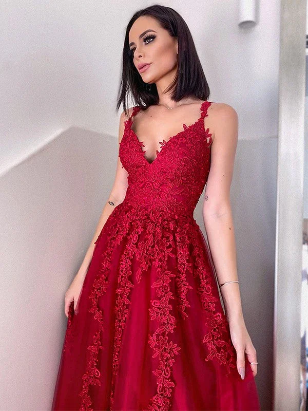 A-Line/Elegant Tulle V-neck Floor-Length Applique Sleeveless Prom Dresses - Image 2