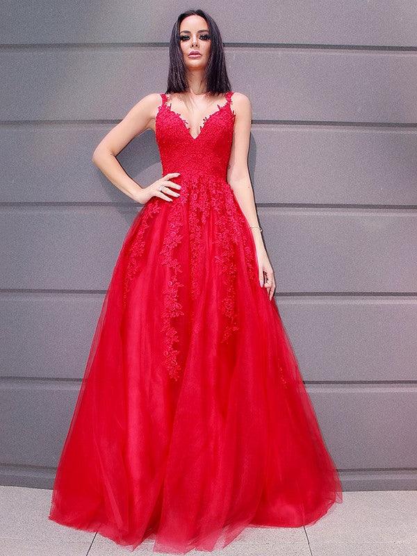 A-Line/Elegant Tulle V-neck Floor-Length Applique Sleeveless Prom Dresses - Image 4