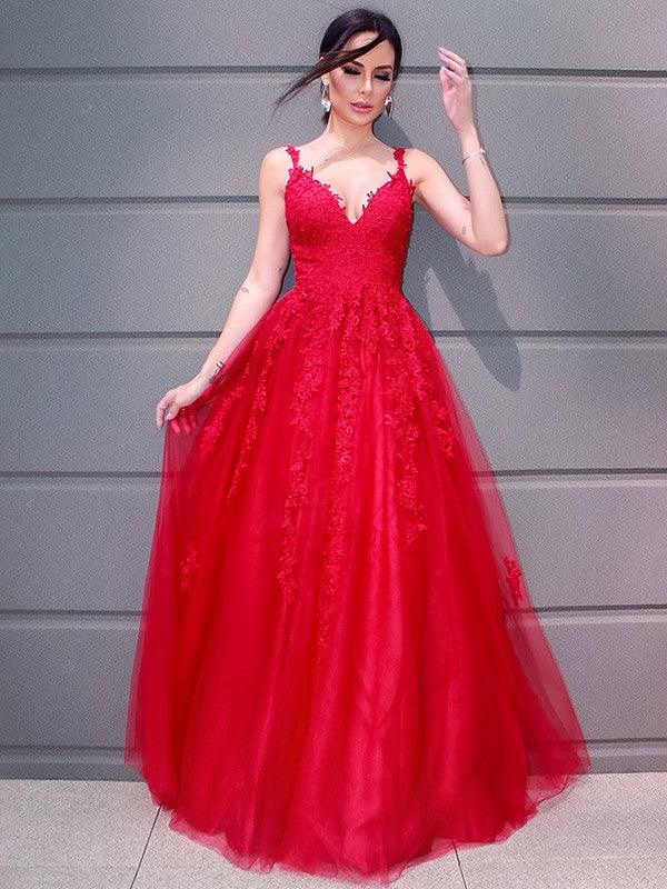 A-Line/Elegant Tulle V-neck Floor-Length Applique Sleeveless Prom Dresses - Image 5