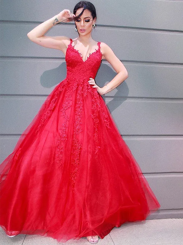 A-Line/Elegant Tulle V-neck Floor-Length Applique Sleeveless Prom Dresses - Image 6