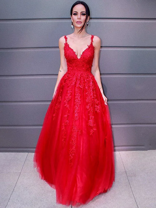 A-Line/Elegant Tulle V-neck Floor-Length Applique Sleeveless Prom Dresses - Image 7