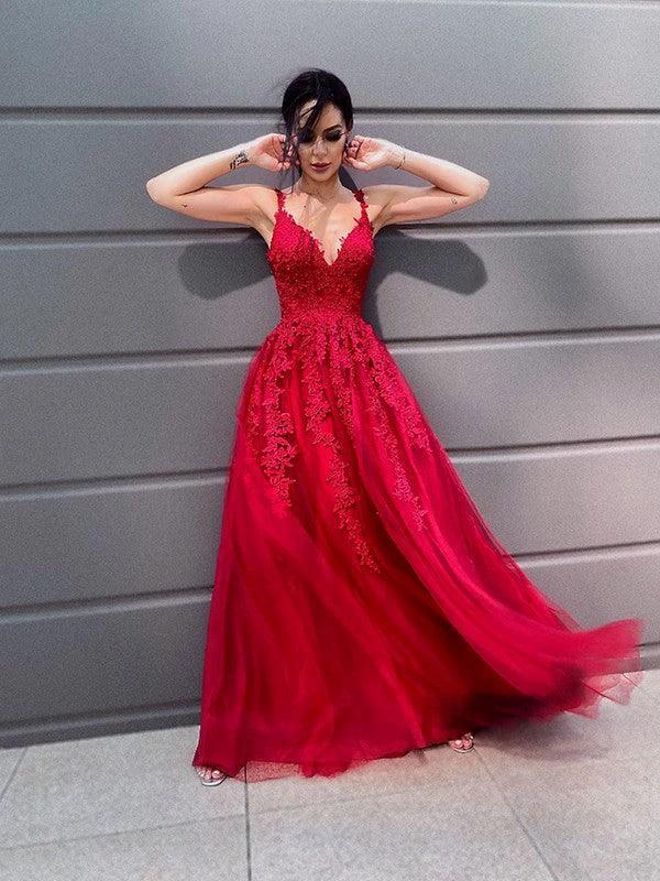 A-Line/Elegant Tulle V-neck Floor-Length Applique Sleeveless Prom Dresses - Image 8