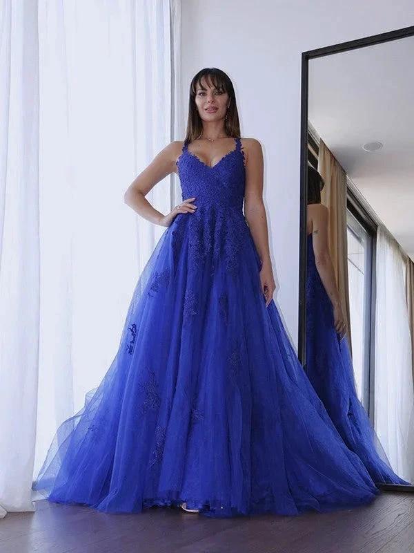 A-Line/Elegant Tulle V-neck Sleeveless Applique Prom Dresses - Image 4