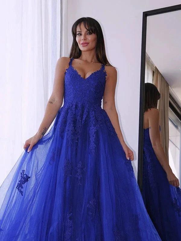 A-Line/Elegant Tulle V-neck Sleeveless Applique Prom Dresses - Image 5