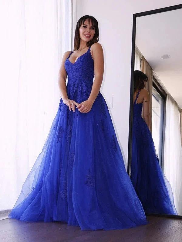 A-Line/Elegant Tulle V-neck Sleeveless Applique Prom Dresses - Image 6
