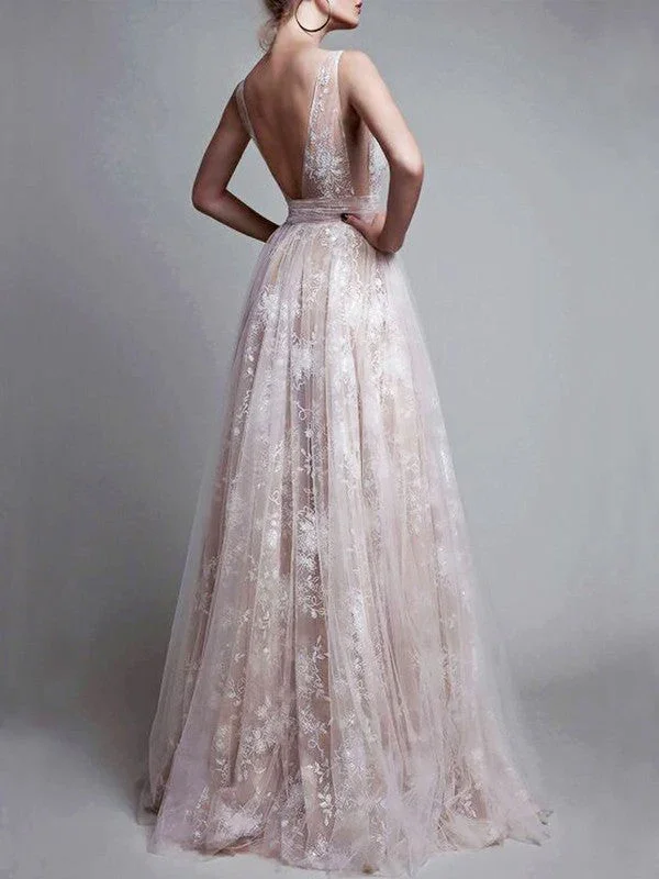 A-Line/Elegant V-neck Floor-Length Tulle Sleeveless Applique Prom Dresses - Image 2