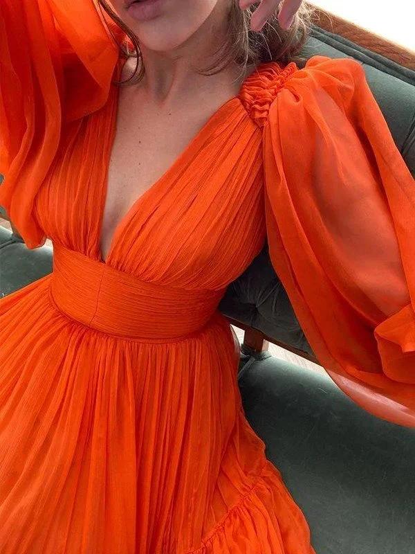 A-Line/Elegant V-neck Long Sleeves 3D Chiffon Ruffles Prom Dresses - Image 2