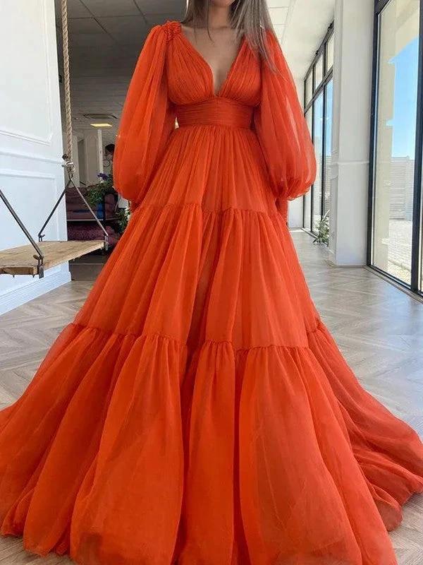A-Line/Elegant V-neck Long Sleeves 3D Chiffon Ruffles Prom Dresses - Image 3