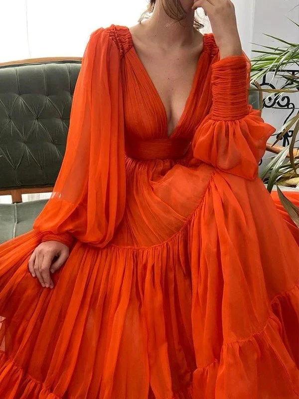 A-Line/Elegant V-neck Long Sleeves 3D Chiffon Ruffles Prom Dresses - Image 4