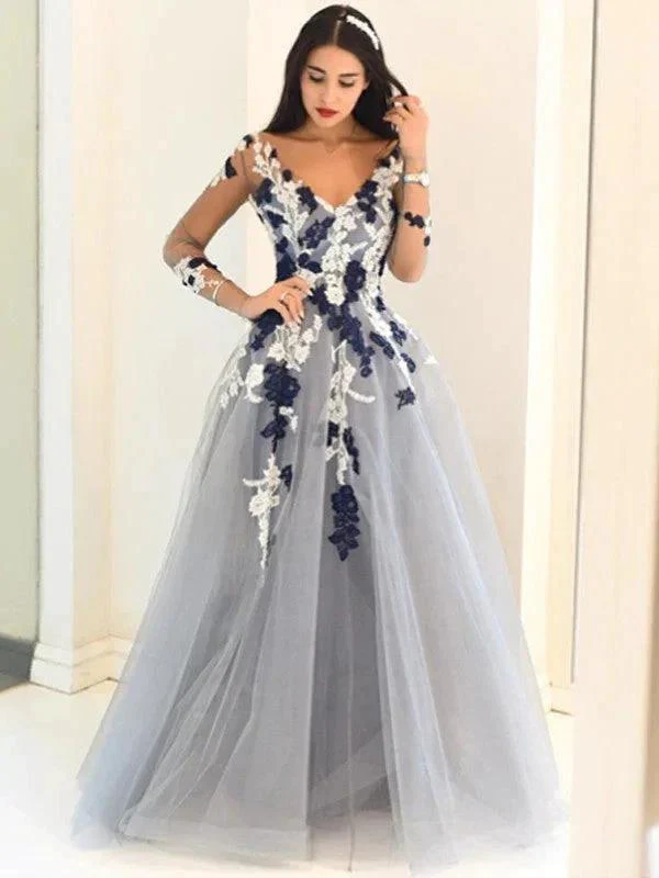 A-Line/Elegant V-Neck Long Sleeves Applique Tulle Floor-Length Prom Dresses - Image 2