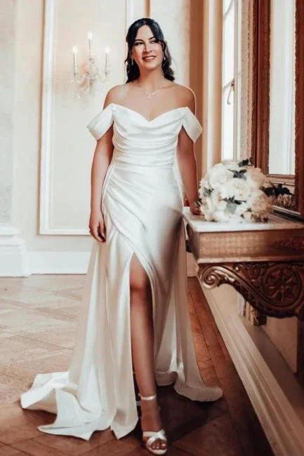 A-Line Elegant V-Neck Off-The Shoulder Split Front Strapless Wedding Dresses with Ruffles - Image 5