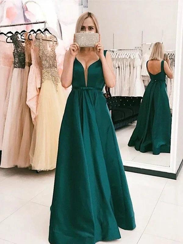 A-Line/Elegant V-neck Ruffles Satin Prom Dresses - Image 2