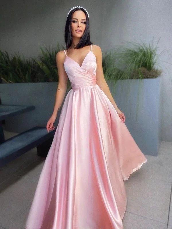 A-Line/Elegant V-neck Satin Ruched Sleeveless Floor-Length Prom Dresses - Image 3