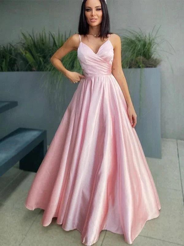 A-Line/Elegant V-neck Satin Ruched Sleeveless Floor-Length Prom Dresses - Image 4