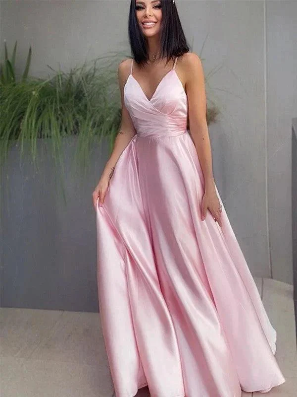 A-Line/Elegant V-neck Satin Ruched Sleeveless Floor-Length Prom Dresses - Image 5
