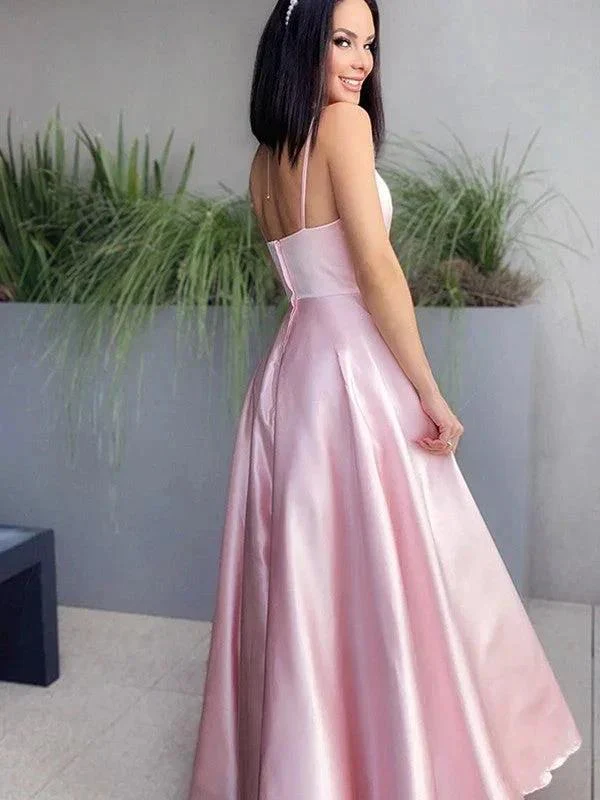 A-Line/Elegant V-neck Satin Ruched Sleeveless Floor-Length Prom Dresses - Image 8
