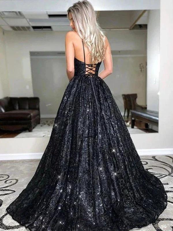 A-Line/Elegant V-neck Sequin Sleeveless Sequins Prom Dresses - Image 2