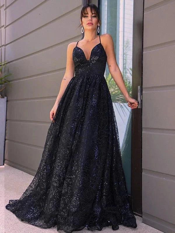 A-Line/Elegant V-neck Sequins Sleeveless Sequin Prom Dresses - Image 2