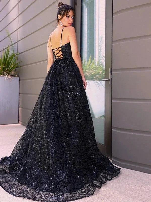 A-Line/Elegant V-neck Sequins Sleeveless Sequin Prom Dresses - Image 3