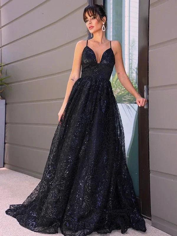 A-Line/Elegant V-neck Sequins Sleeveless Sequin Prom Dresses - Image 5