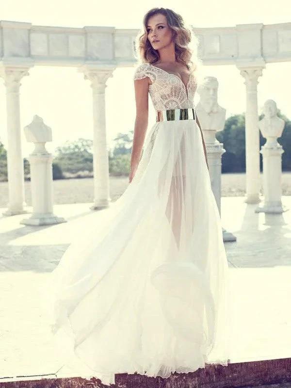 A-Line/Elegant V-neck Short Sleeves Lace Floor-Length Chiffon Prom Dresses - Image 2