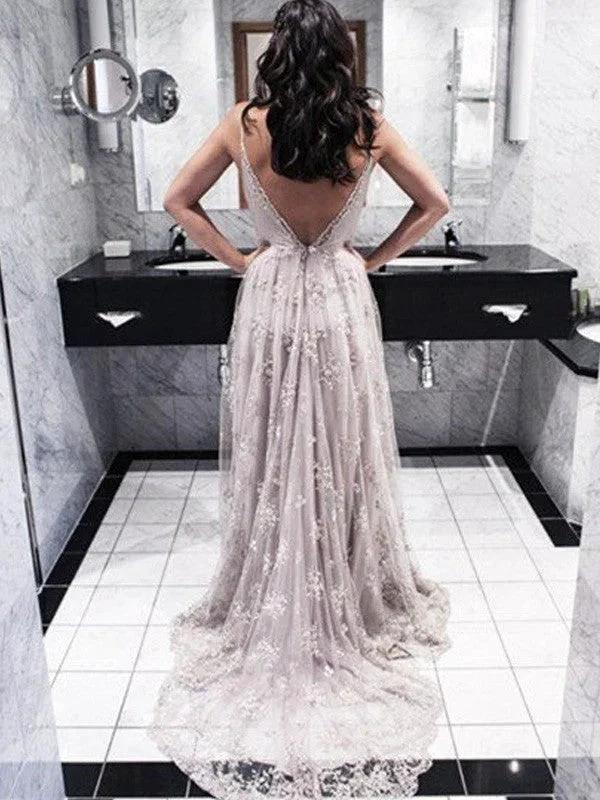 A-Line/Elegant V-Neck Sleeveless Applique Lace Prom Dresses - Image 2