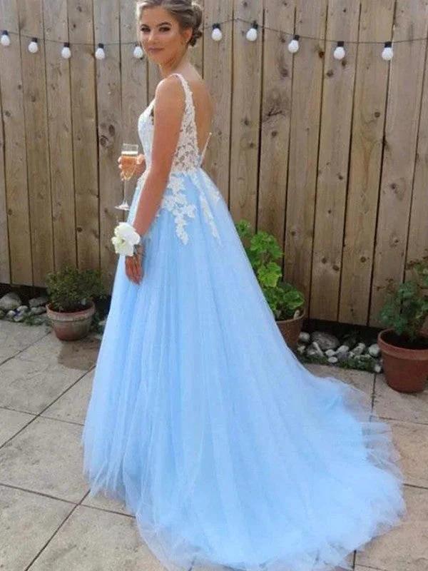 A-Line/Elegant V-neck Sleeveless Applique Tulle Prom Dresses - Image 2