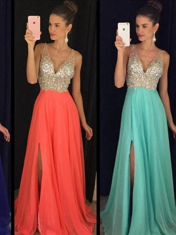 A-Line/Elegant V-neck Sleeveless Beading Floor-Length Chiffon Prom Dresses - Image 2