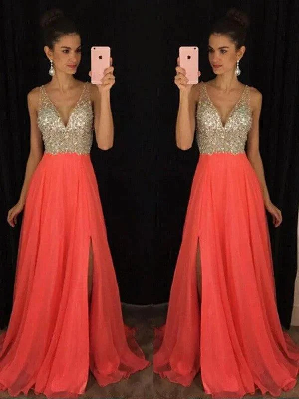 A-Line/Elegant V-neck Sleeveless Beading Floor-Length Chiffon Prom Dresses - Image 3
