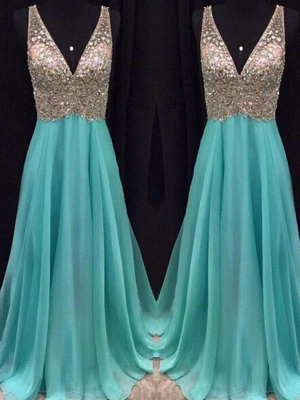 A-Line/Elegant V-neck Sleeveless Beading Floor-Length Chiffon Prom Dresses - Image 4