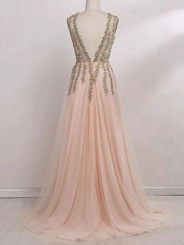 A-Line/Elegant V-Neck Sleeveless Beading Tulle Prom Dresses - Image 2