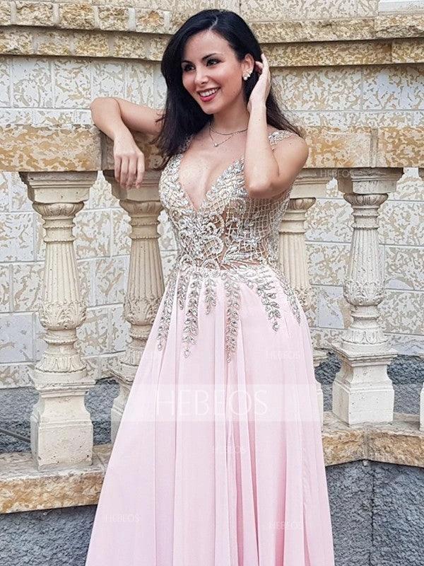 A-Line/Elegant V-Neck Sleeveless Beading Tulle Prom Dresses - Image 7