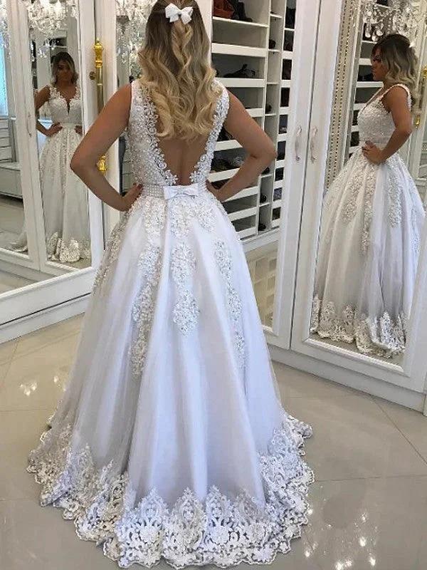 A-Line/Elegant V-Neck Sleeveless Floor-Length Lace Tulle Prom Dresses - Image 2