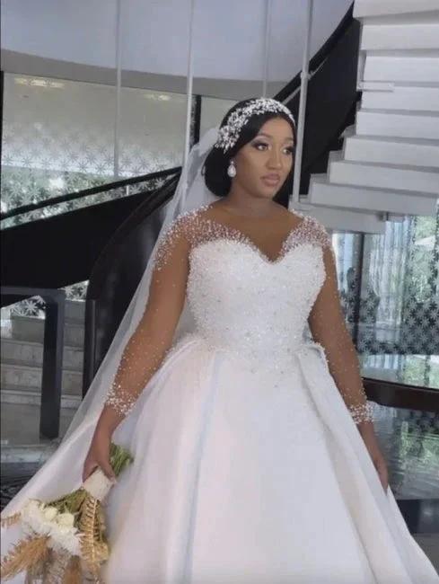 A-Line Exquisite Floor-Length Long Sleeve Lace V-Neck Tulle Wedding Dresses with Beadings - Image 2