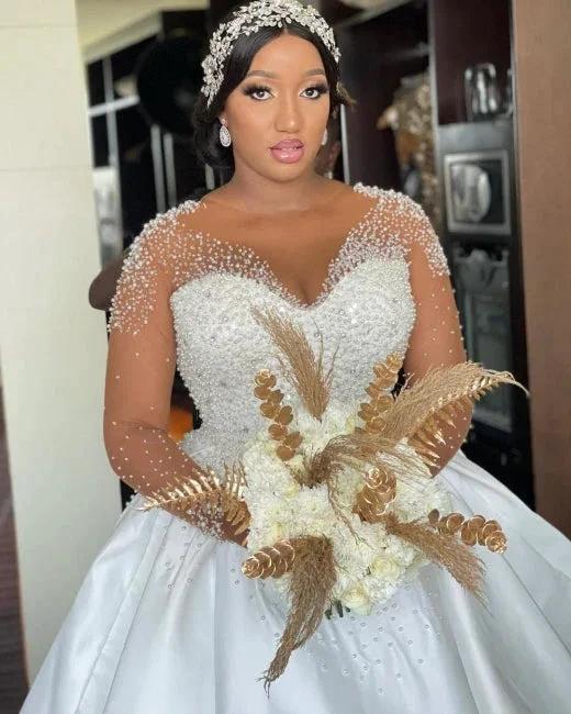 A-Line Exquisite Floor-Length Long Sleeve Lace V-Neck Tulle Wedding Dresses with Beadings - Image 3