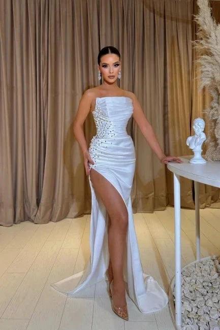 A-Line Exquisite Split Front Sleeveless Strapless Stain Prom Dresses with Beadings - Image 2