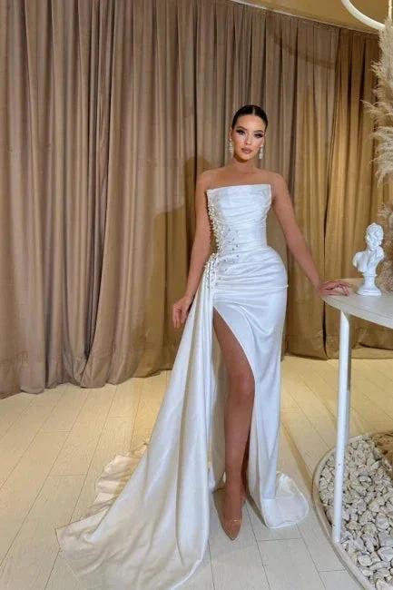 A-Line Exquisite Split Front Sleeveless Strapless Stain Prom Dresses with Beadings - Image 4