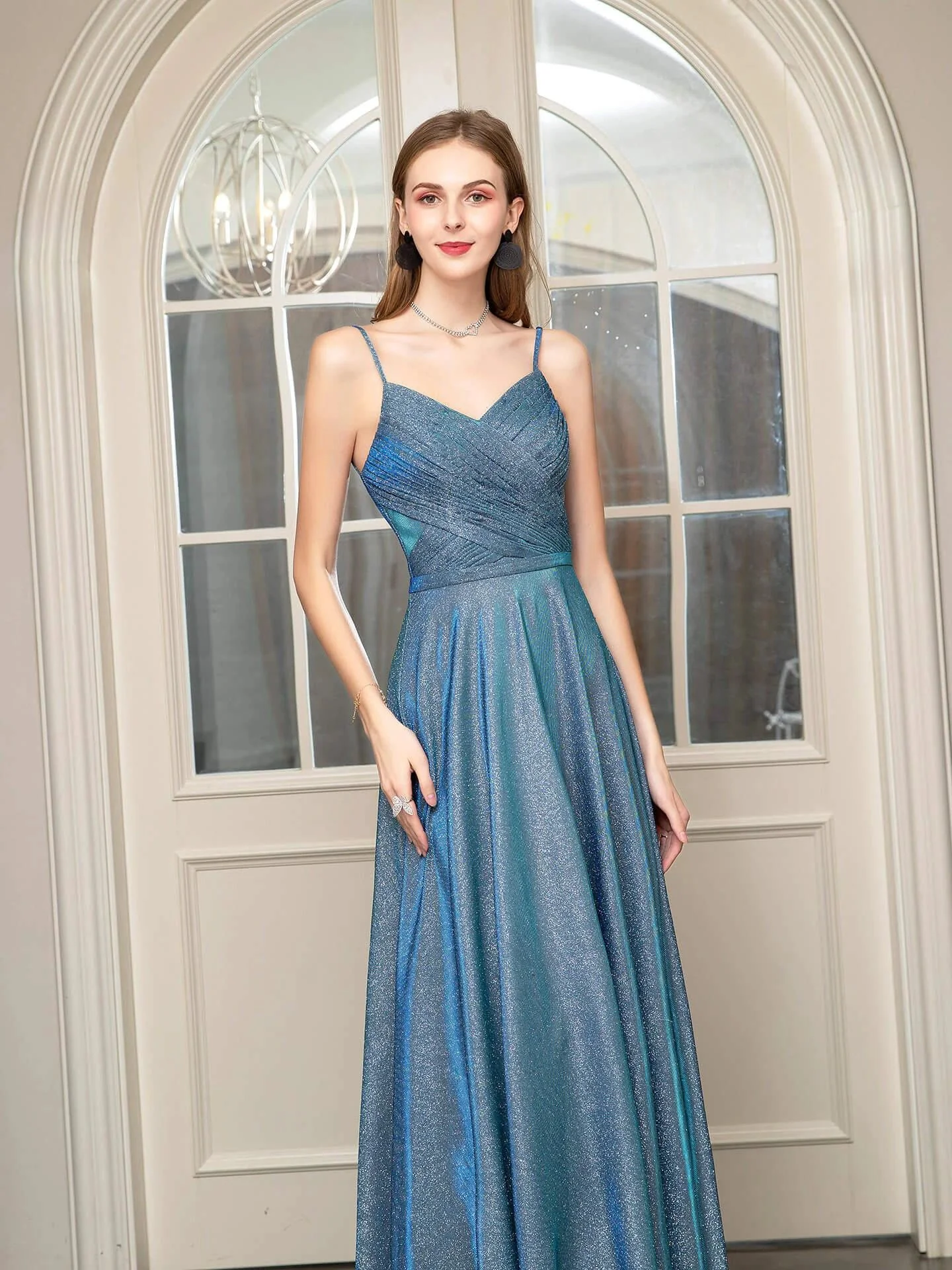 A-line Fashion Formal Evening Dresses Spaghetti Strap Sleeveless Floor Length Prom Dresses - Image 2