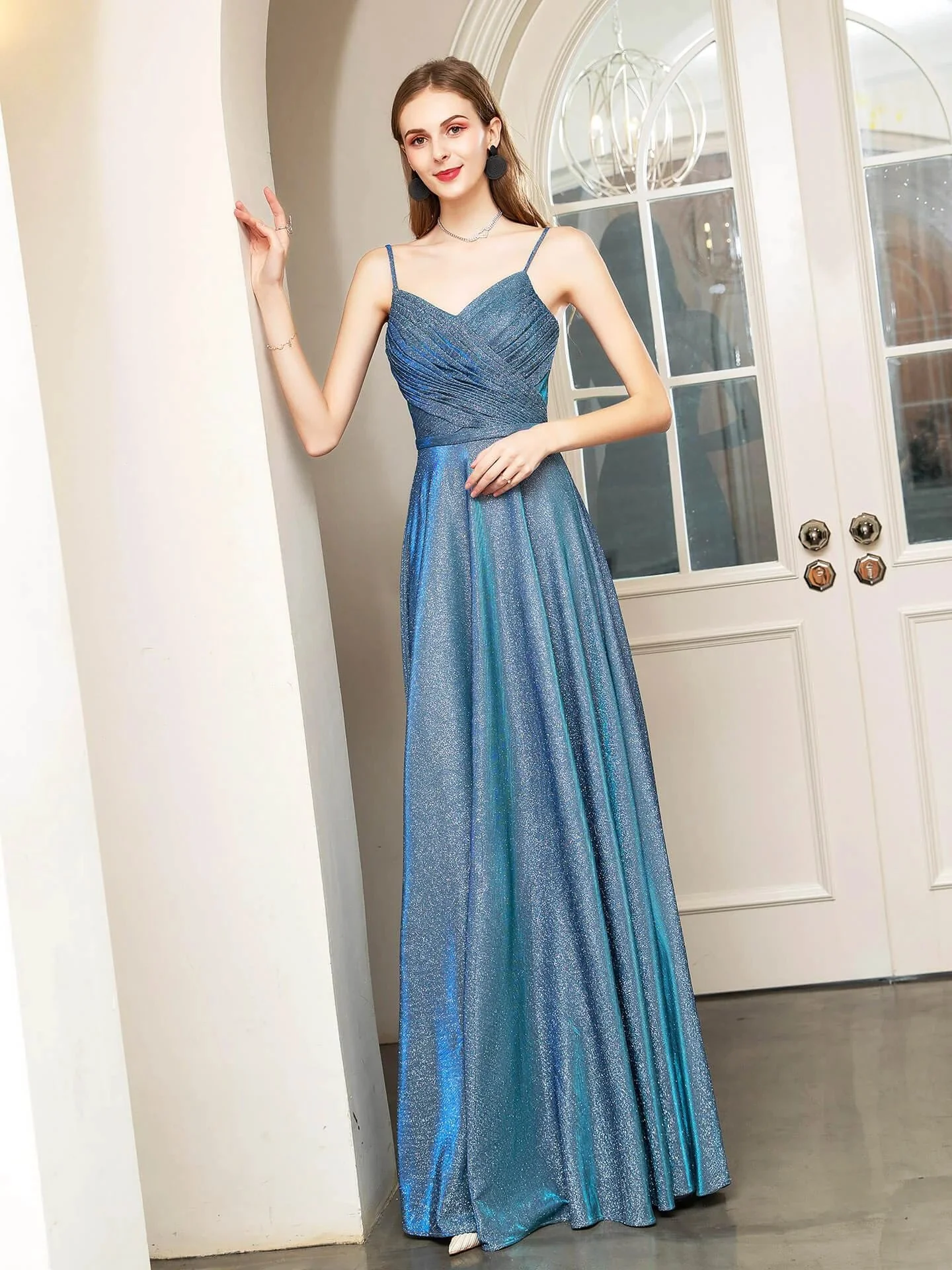 A-line Fashion Formal Evening Dresses Spaghetti Strap Sleeveless Floor Length Prom Dresses - Image 3