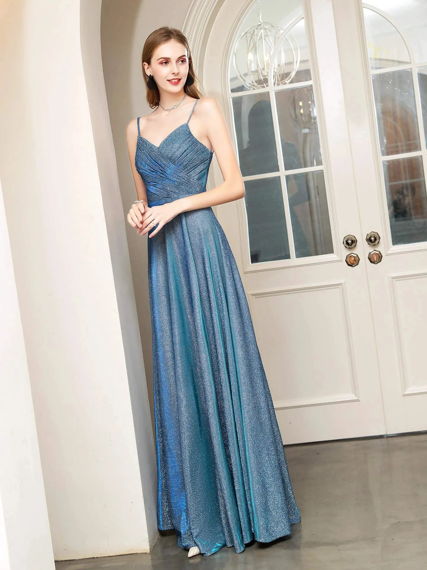 A-line Fashion Formal Evening Dresses Spaghetti Strap Sleeveless Floor Length Prom Dresses - Image 4